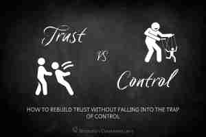 Picture of a stick figure trusting another to catch them while another stick figure controls another like a puppet.