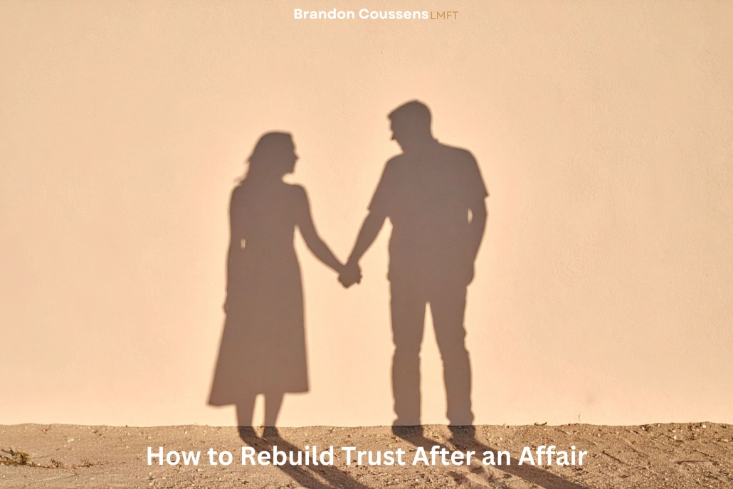 Shadows of a couple holding hands in warm sunlight, on rebuilding trust after an affair